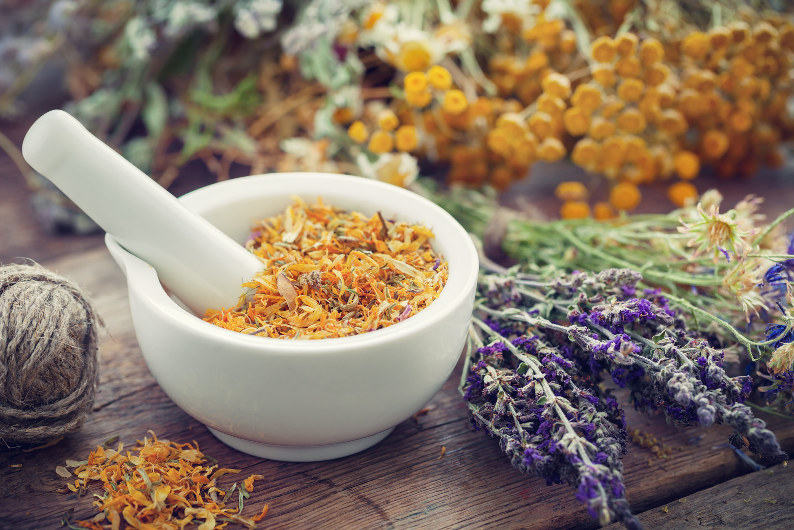 Mortar with Dried Marigold Flowers